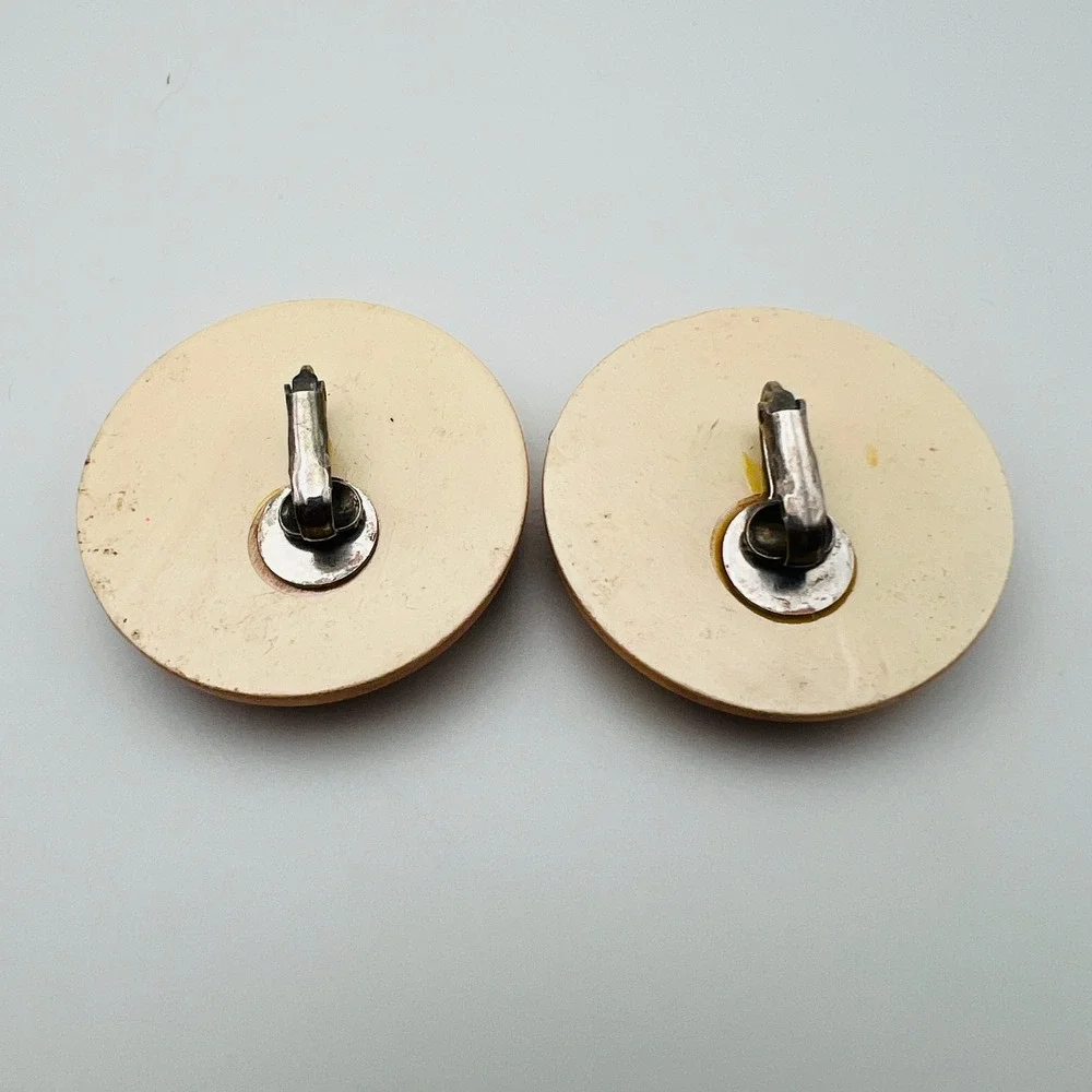 Vintage Yellow Marbled Clip On Earrings Round Button Statement Retro